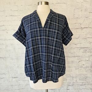 Madewell Swenson Popover Navy Plaid Short Sleeve Top Medium